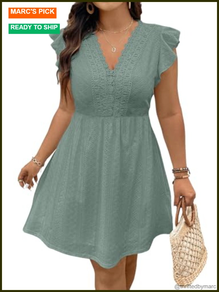 Plus Size Ruffle Cap Sleeve Lace V Neck Embroidery Eyelet A Line Mini Dress